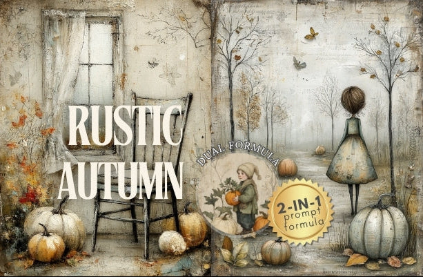 Decorative image with 'Rustic Autumn' theme featuring pumpkins, a chair, and a girl figure.