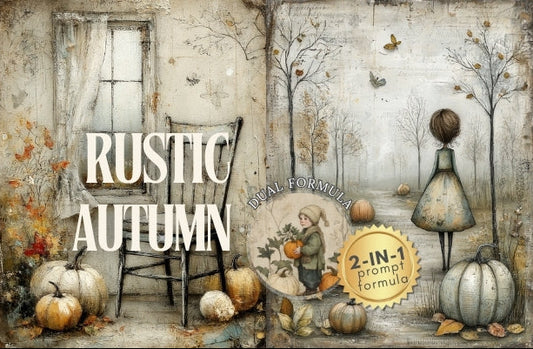 Decorative image with 'Rustic Autumn' theme featuring pumpkins, a chair, and a girl figure.