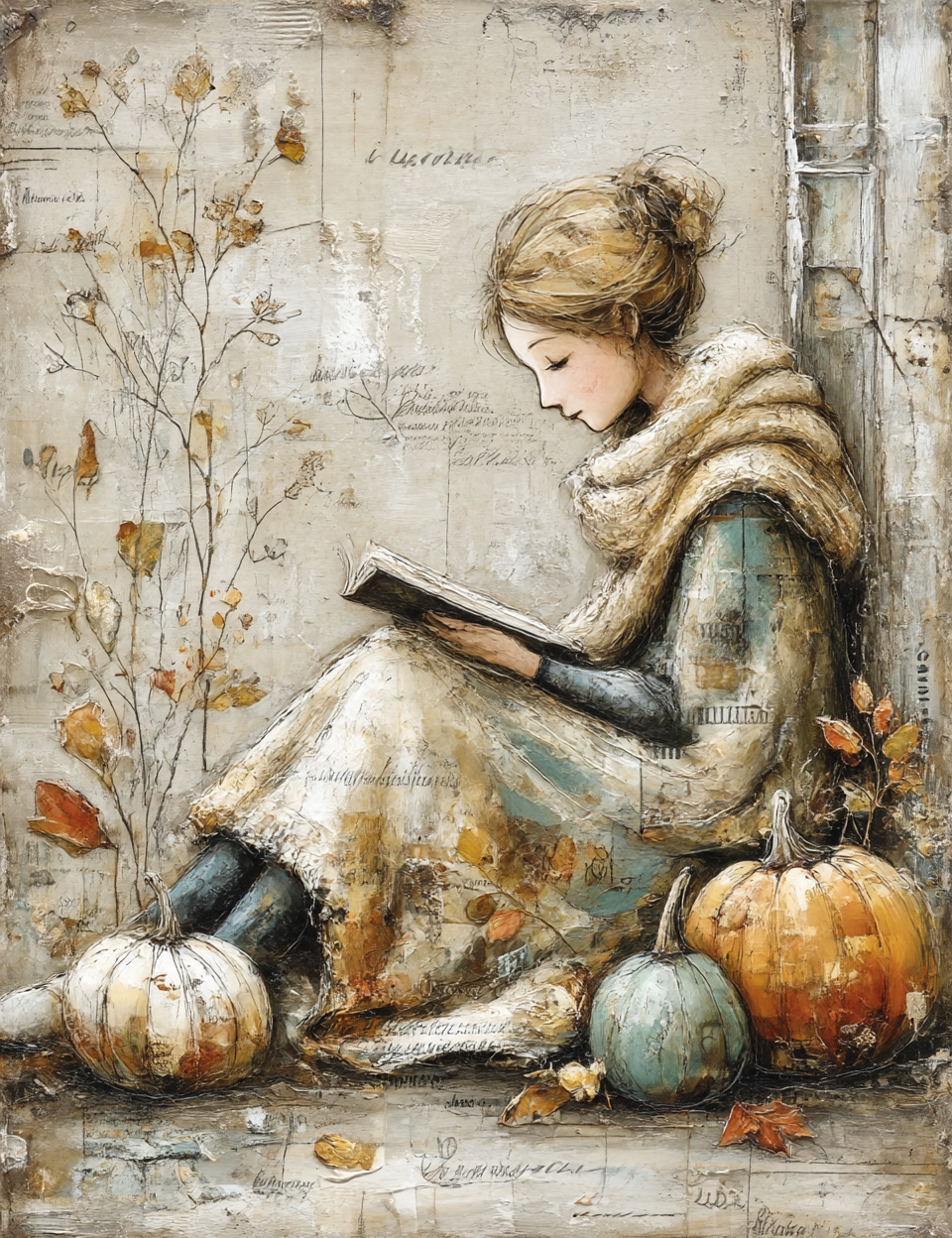 Illustration of a girl reading a book surrounded by pumpkins and autumn leaves.