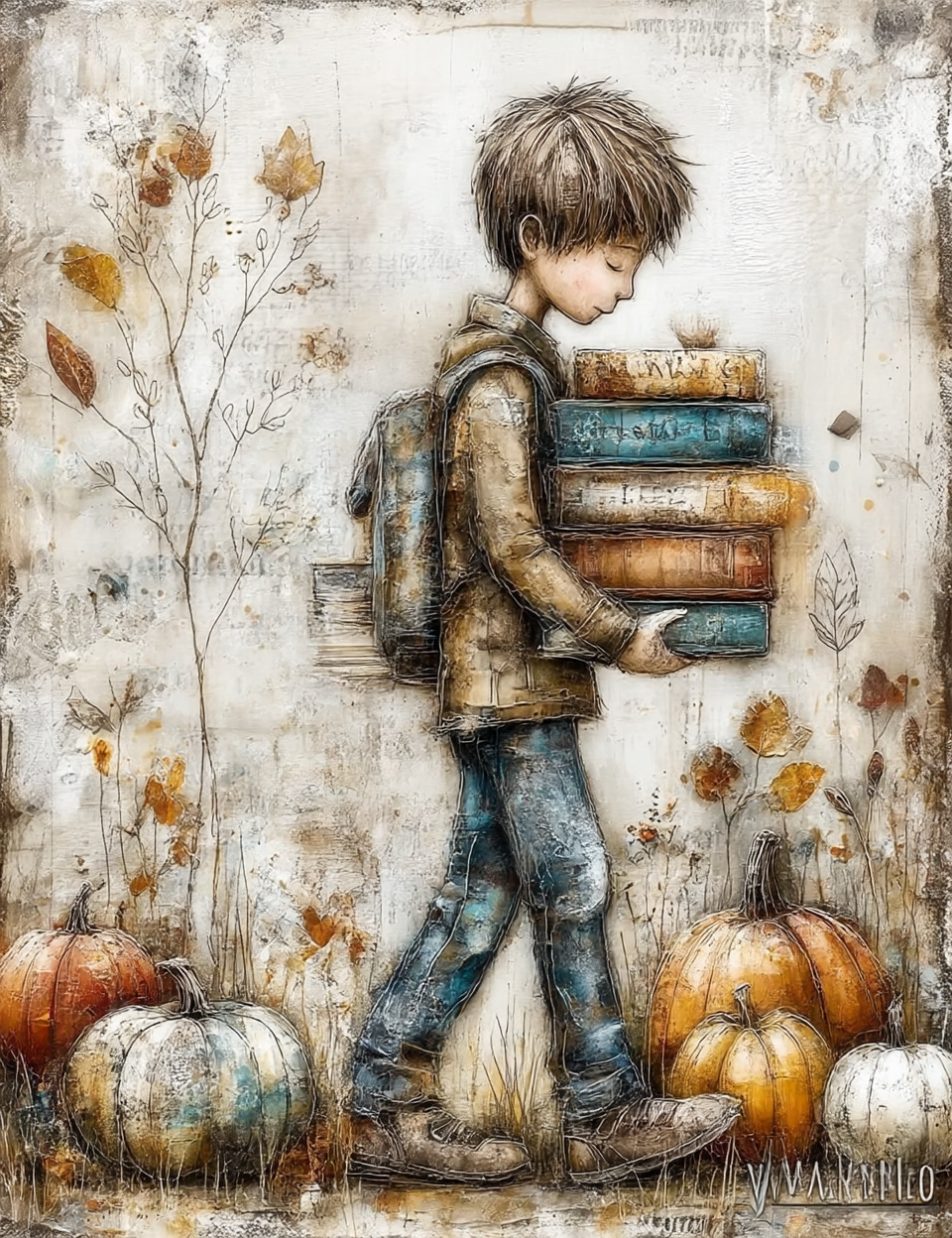 Illustration of a boy holding books with pumpkins and autumn leaves in the background