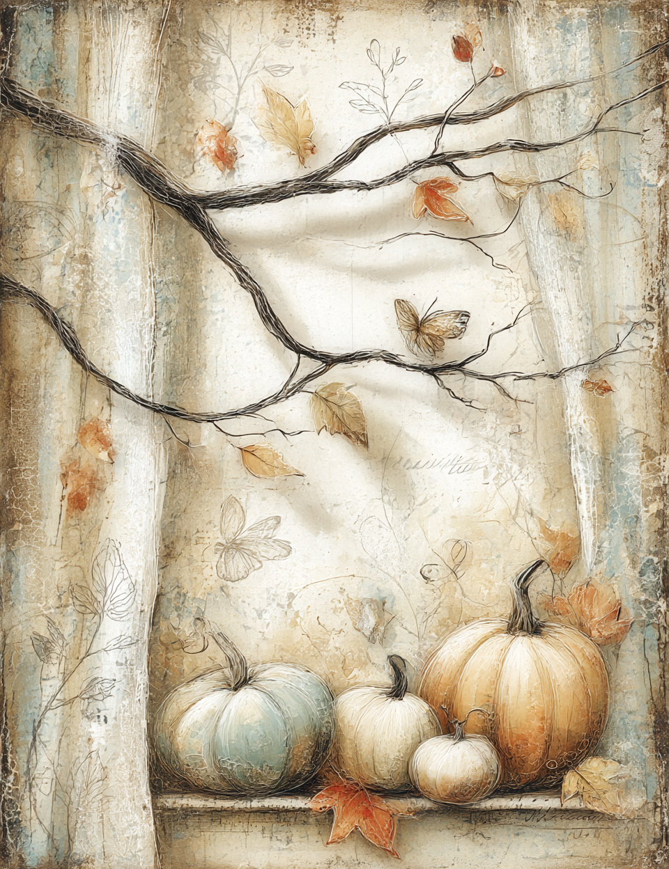 Autumn-themed painting with pumpkins, leaves, and a branch on a textured background