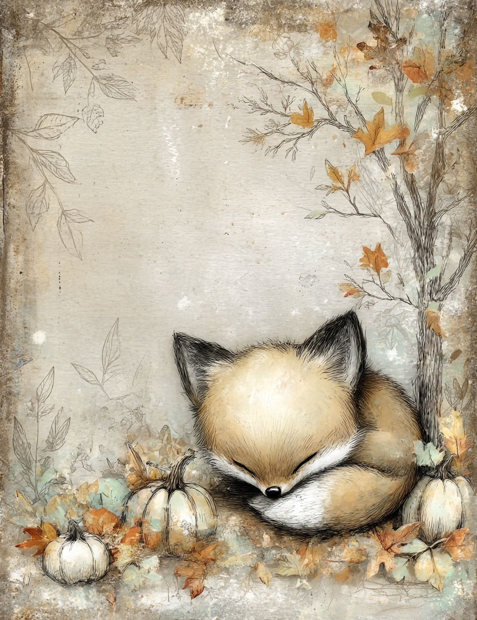 Sleeping fox surrounded by autumn leaves and pumpkins on a textured background