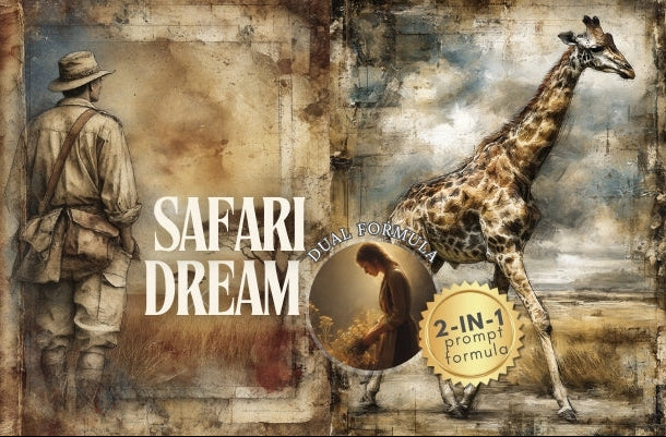 Safari-themed product packaging with a man, giraffe, and lion illustration.