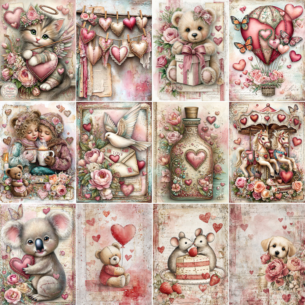 Collage of Valentine's Day-themed illustrations featuring animals, hearts, and romantic elements.
