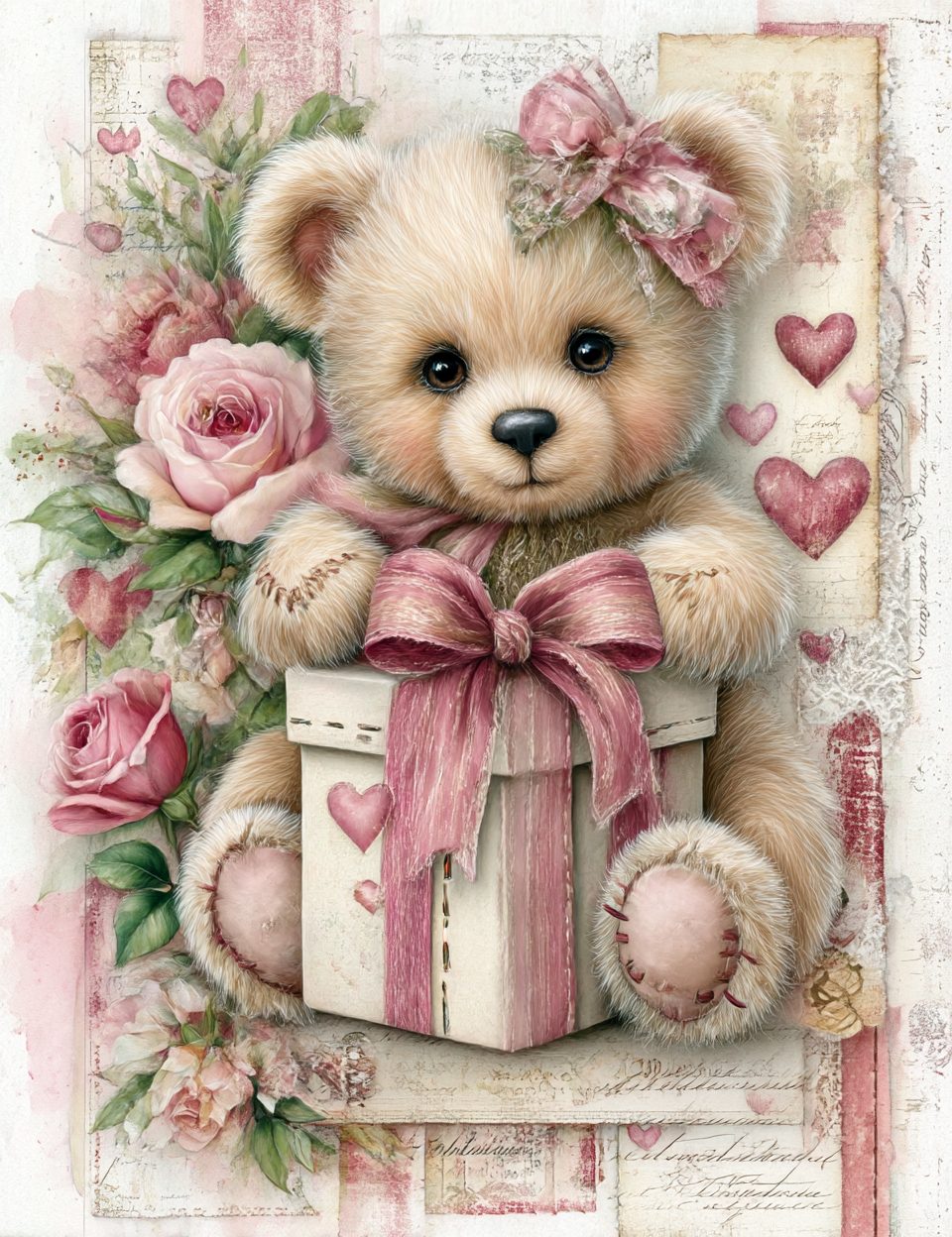 Cute teddy bear with a pink bow and gift box surrounded by flowers and hearts