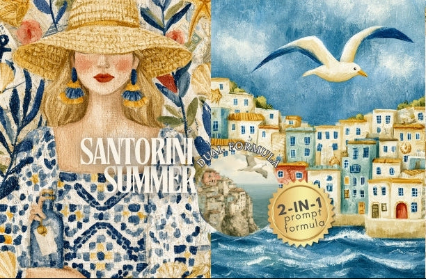 Midjourney V 8.2 Prompts for DUAL Santorini Summer Escape Pages