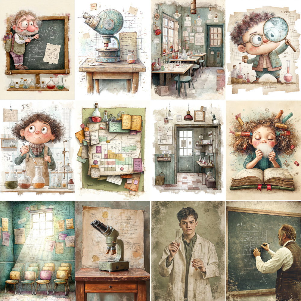 Illustrations of a scientist in various settings with laboratory equipment and books.