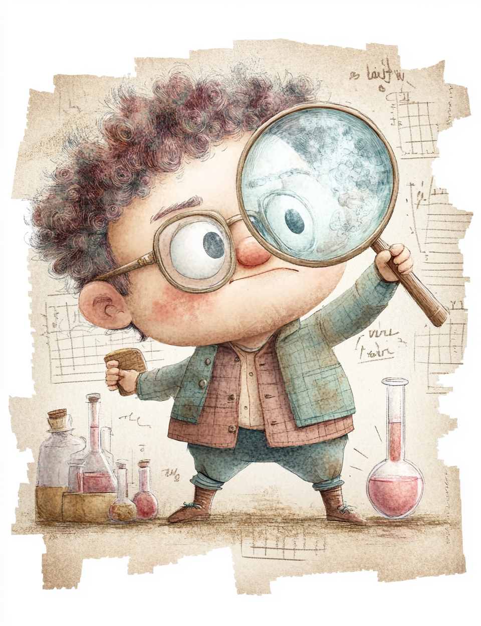 Illustration of a child scientist with a magnifying glass and beakers on a scientific diagram background