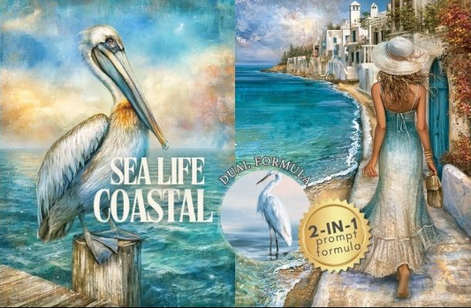 A coastal-themed art print or poster collage with multiple scenic panels: a pelican by the ocean, a woman walking along a seaside path with buildings in the background, starfish on the left, and beach accessories on the right. Large text reads 'SEA LIFE COASTAL' and a circular badge says '2-IN-1 prompt formula.