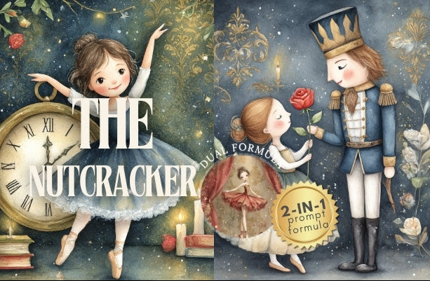 Illustrated book cover of 'The Nutcracker' with characters and decorative elements.