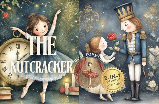 Illustrated book cover of 'The Nutcracker' with characters and decorative elements.