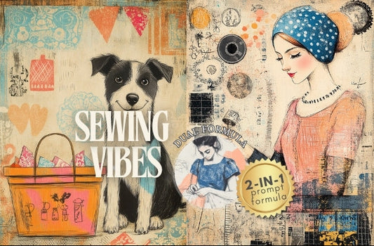 Collage with sewing-themed elements including a dog, sewing machine, and woman with a baby.