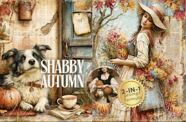 Shabby Autumn-themed product with a woman, dog, and pumpkins in a rustic setting.