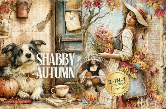 Shabby Autumn-themed product with a woman, dog, and pumpkins in a rustic setting.