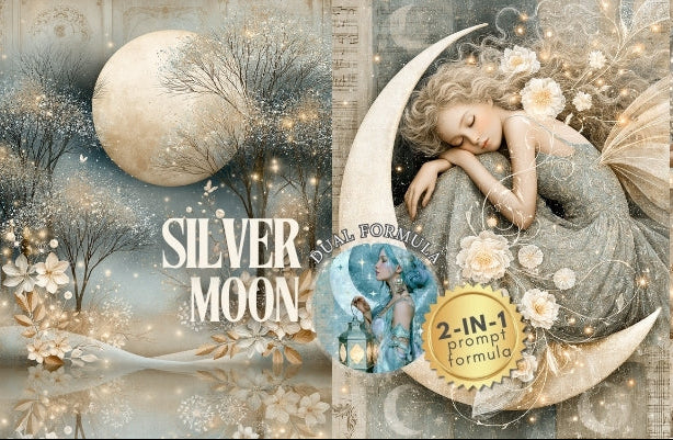 Collage of a fairy on a crescent moon with floral elements and 'Silver Moon' text.