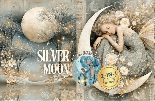 Collage of a fairy on a crescent moon with floral elements and 'Silver Moon' text.