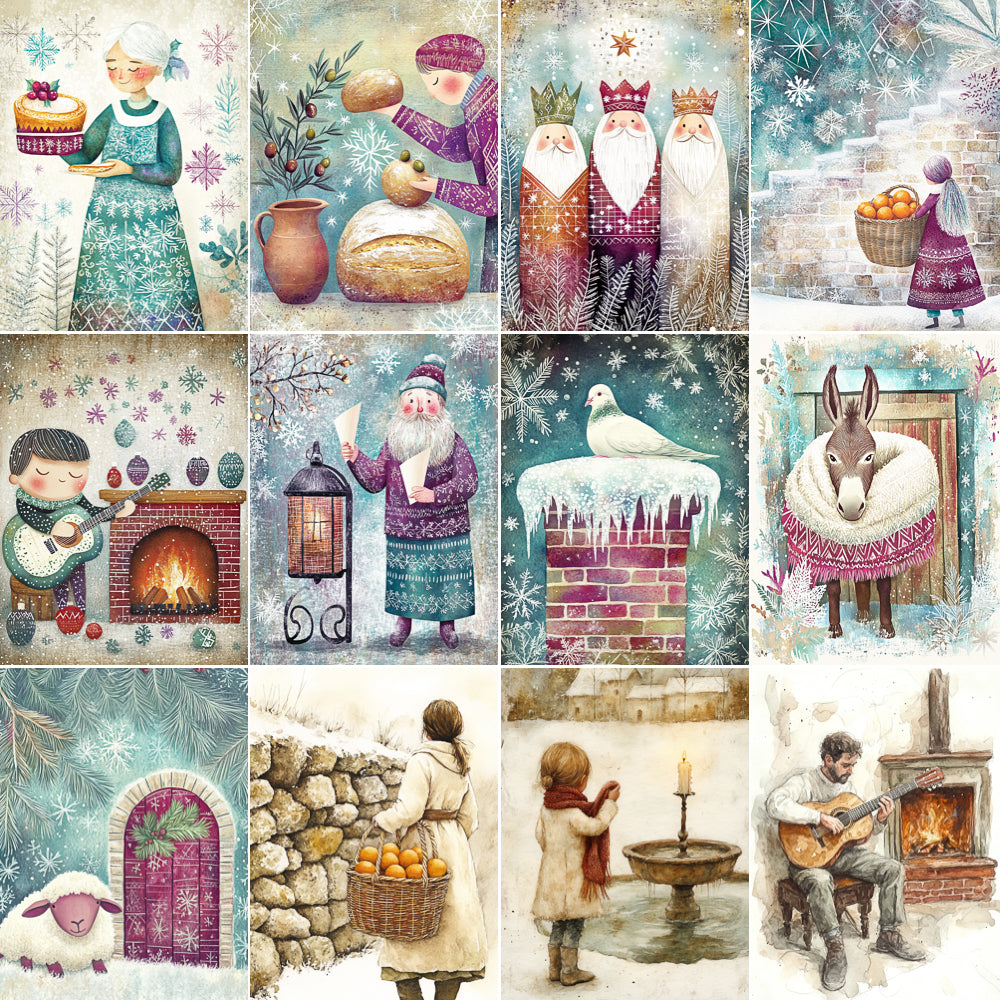 Collage of winter-themed illustrations featuring various characters and scenes.