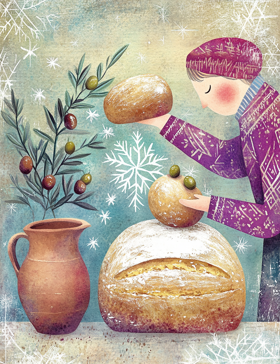 Illustration of a person in a patterned outfit holding bread with olives, next to a pitcher and olive branch on a snowy background.
