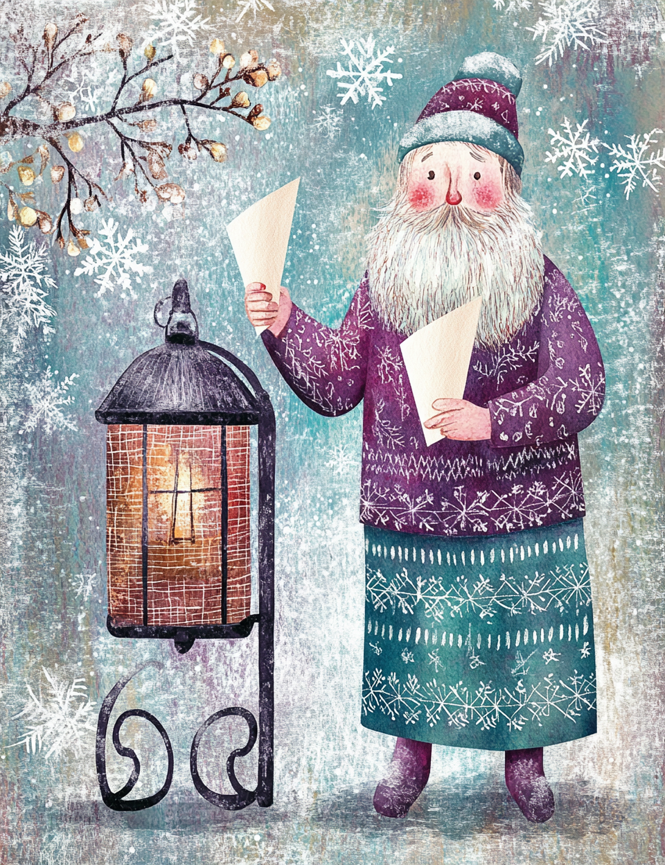 Winter scene with a character holding papers and a lantern, surrounded by snowflakes and branches.