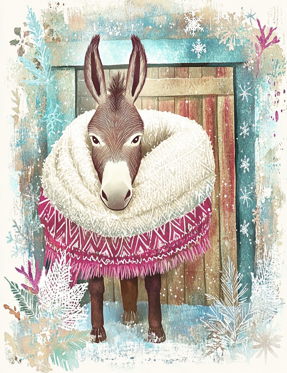 Donkey wearing a sweater with a festive background