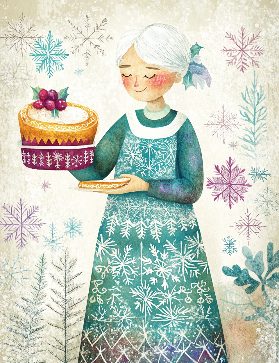 Illustration of a woman holding a cake with winter-themed decorations