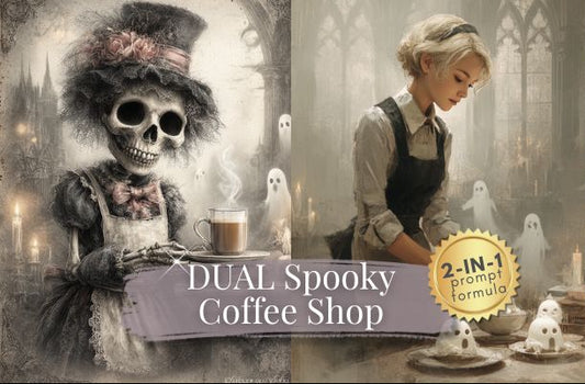 Spooky coffee shop scene with skeleton and woman, featuring dual spooky coffee shop product.