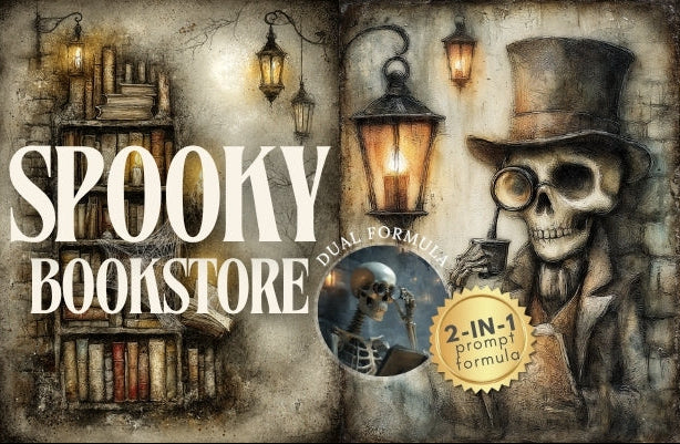 Spooky bookstore theme with a skeleton, books, and vintage lanterns.