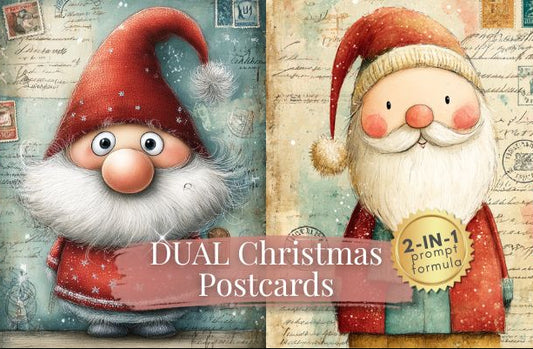 Three Christmas-themed postcards featuring gnomes and elves with a vintage design.