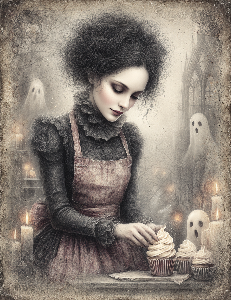 Woman in a vintage dress decorating cupcakes with ghosts and candles in the background