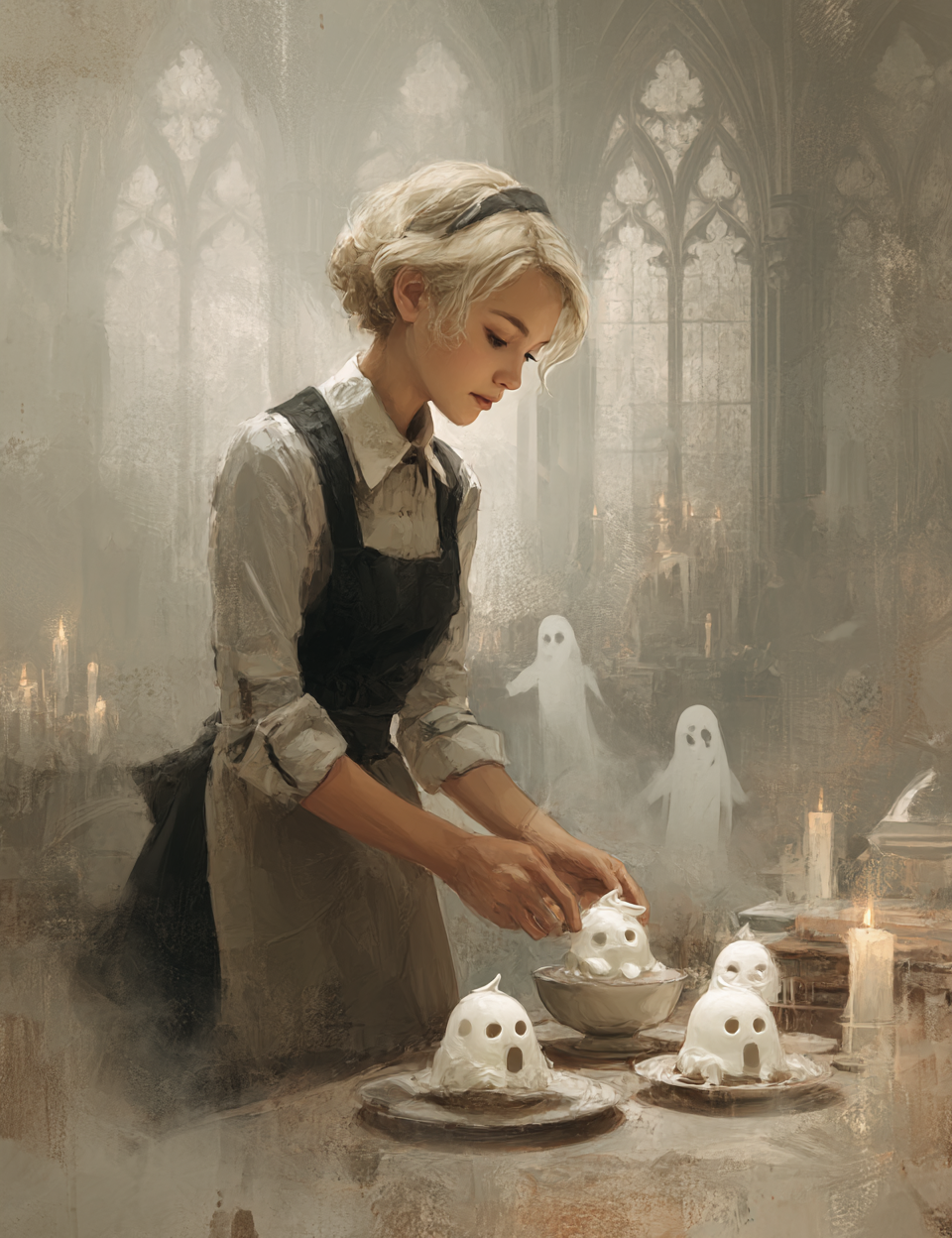 Woman in a kitchen with ghostly figures in the background