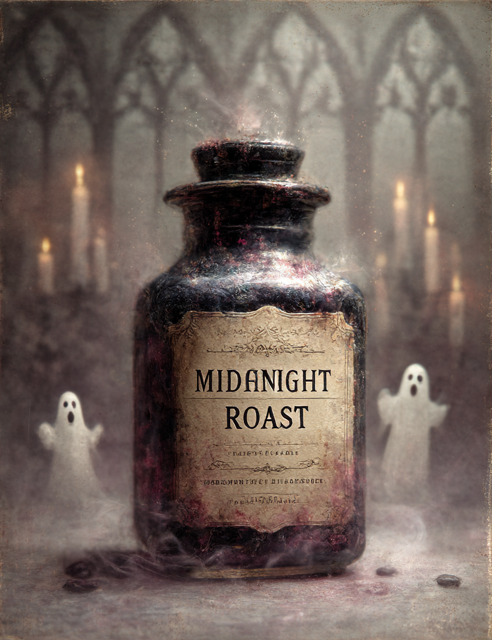 Vintage-style bottle labeled 'Midnight Roast' with gothic architecture and ghostly figures in the background.