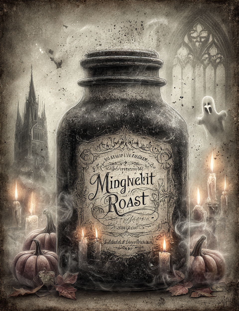 Vintage-style bottle labeled 'Mingledit Roast' with Halloween elements like pumpkins and candles.