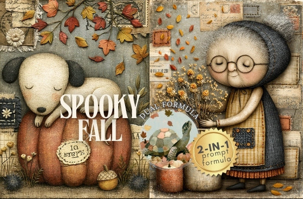 A collage-style autumn illustration with the words 'Spooky Fall' in the center. The scene shows a cream-colored dog curled up inside a pumpkin, an elderly woman with glasses and a bonnet holding pumpkins and flowers, scattered fall leaves, patches, and rustic seasonal objects in warm beige, brown, orange, and muted blue tones.