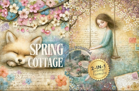 Illustration of a girl and fox with cherry blossoms and 'Spring Cottage' text