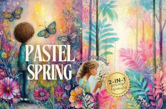 Colorful illustration of a pastel spring scene with flowers, butterflies, and people.