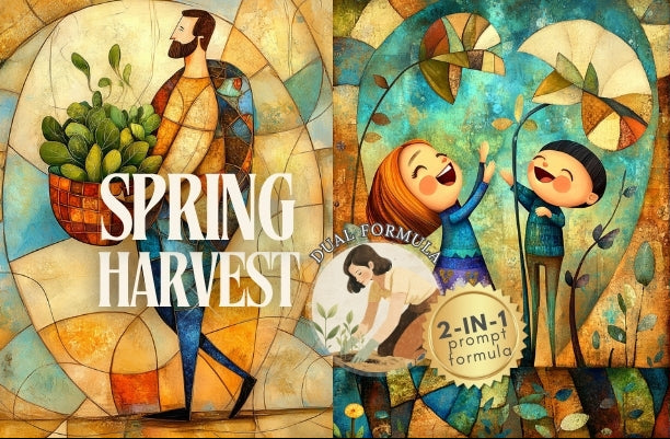 Illustrated scene with 'Spring Harvest' text and people in a colorful, nature-themed setting.