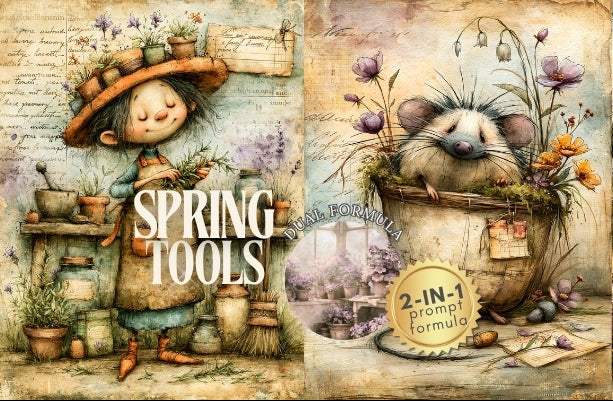 A collage-style spring-themed illustration with three vertical panels: a tree with purple leaves on the left, a girl in a flower crown holding gardening tools in the center, and a hedgehog in a flower pot on the right. Large text reads “SPRING TOOLS,” with a circular badge saying “2-IN-1 prompt formula.