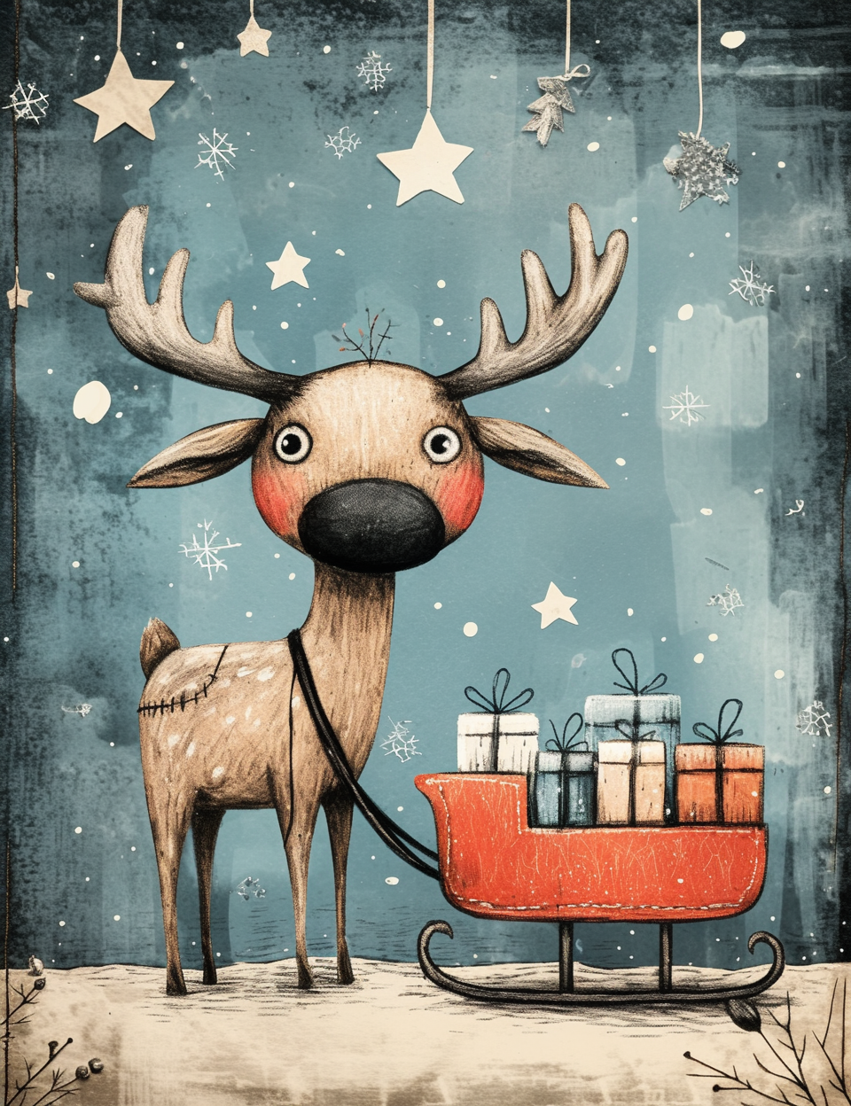 Illustration of a reindeer with a sleigh full of presents against a starry night sky.