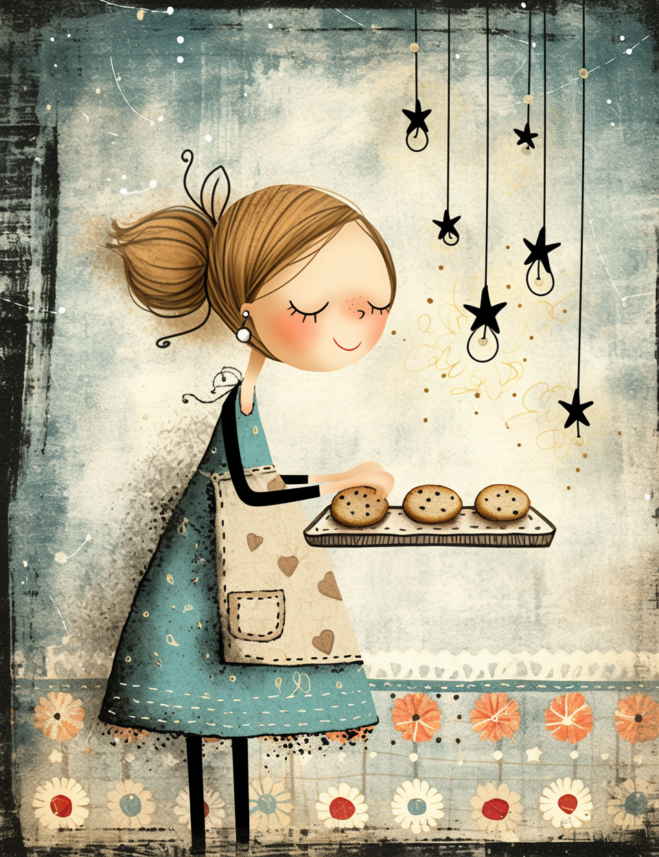 Illustration of a girl holding a tray of cookies with a starry night background