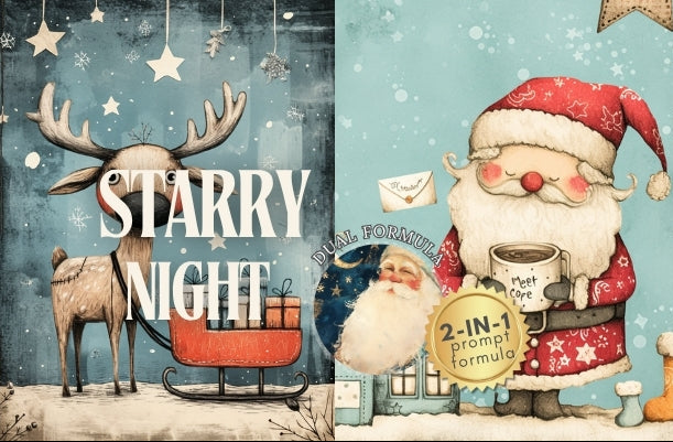 Three Christmas-themed posters featuring a reindeer, Santa Claus, and a tree.