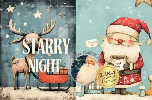 Three Christmas-themed posters featuring a reindeer, Santa Claus, and a tree.