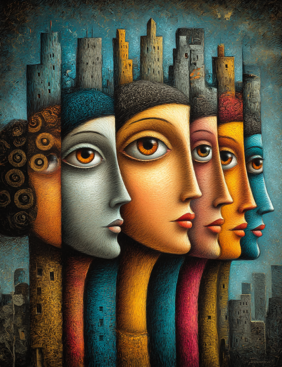 Artistic depiction of multiple faces with a cityscape in the background