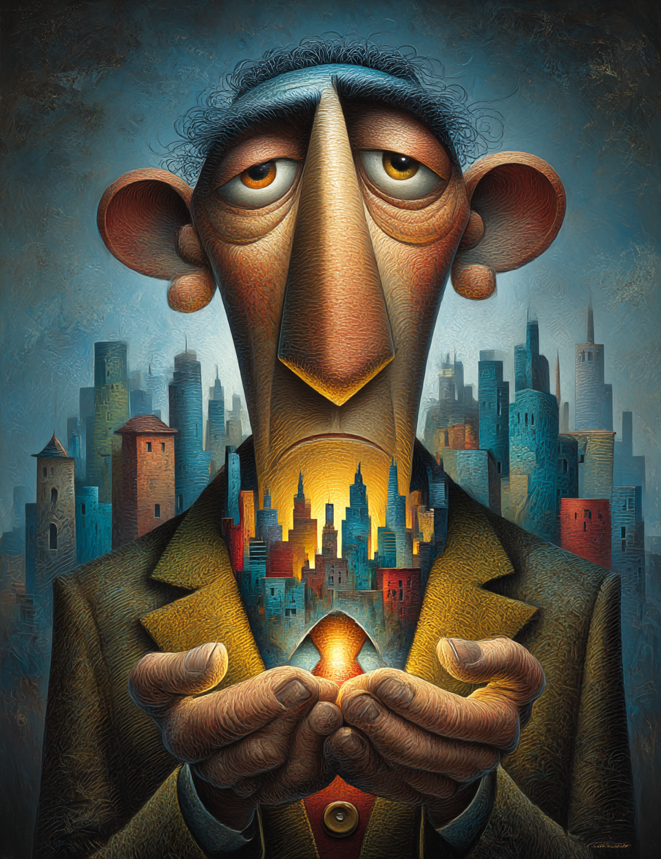 Illustration of a character with a large nose holding a cityscape in their hands against a city skyline.