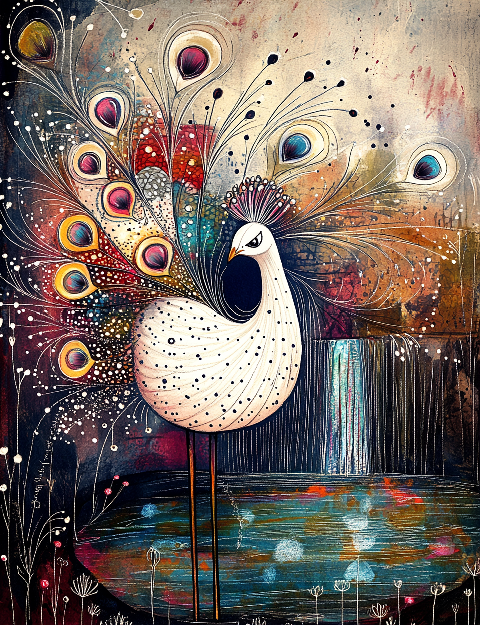 Colorful abstract painting of a peacock with artistic design elements.