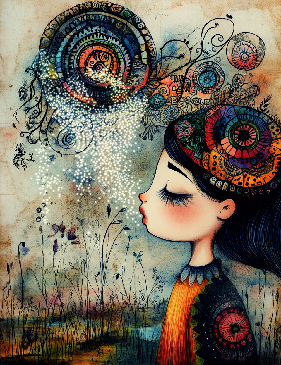 Colorful illustration of a woman with intricate patterns in her hair and clothing, surrounded by nature.