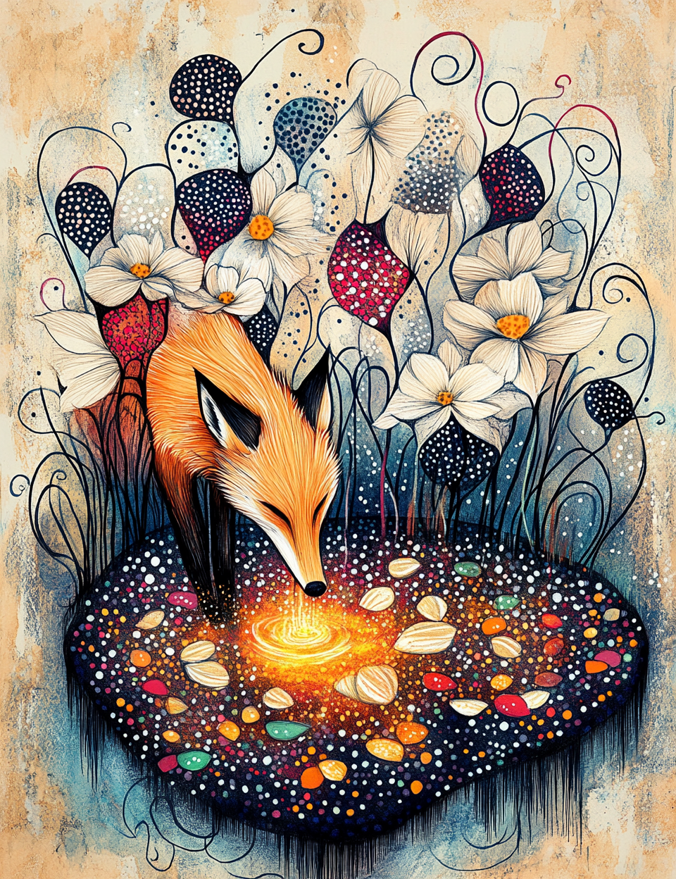 Fox surrounded by flowers and a glowing pool of water on a textured background