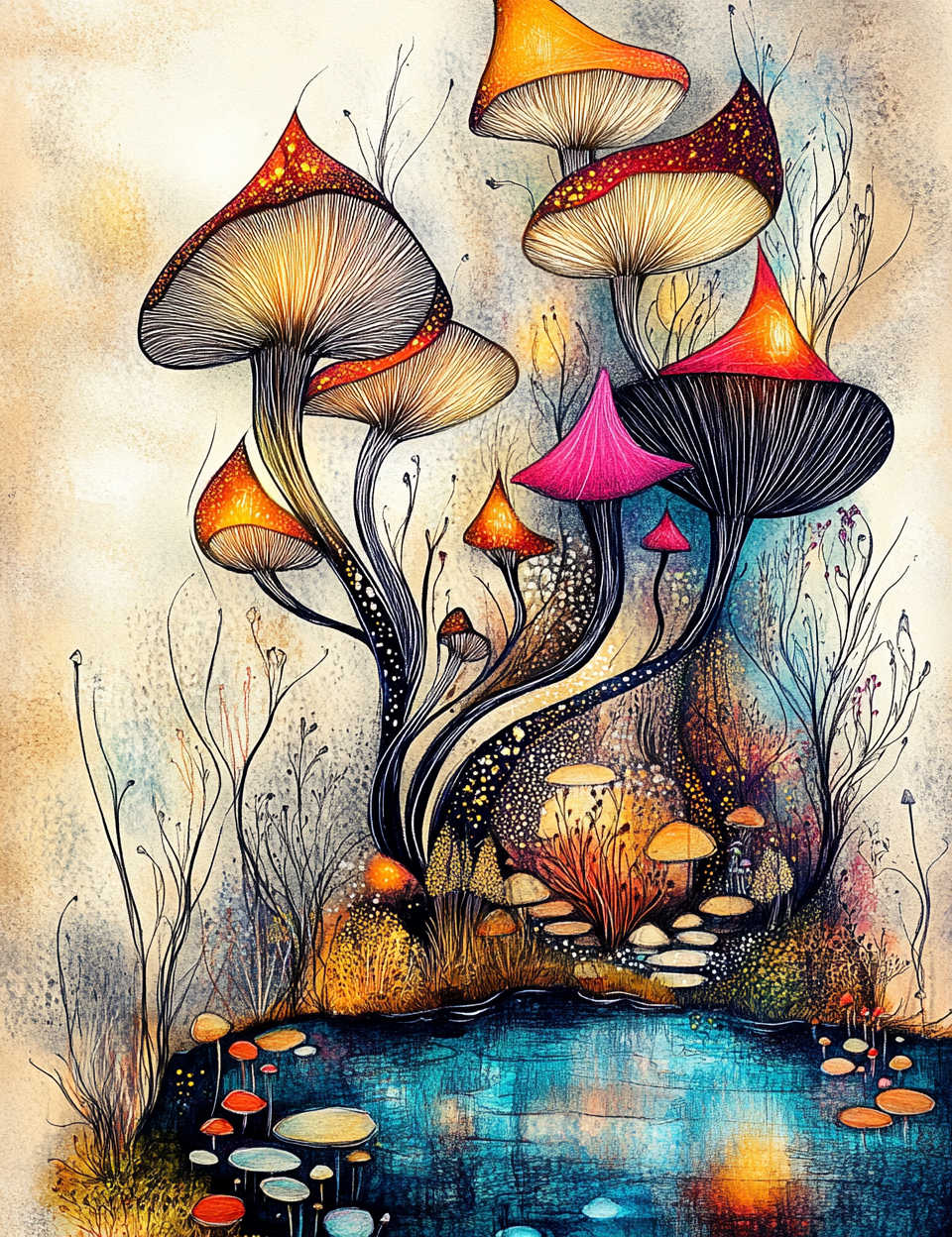 Colorful illustration of mushrooms and plants by a pond