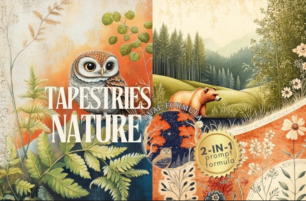 Nature-themed product packaging with illustrations of animals and plants, featuring the brand 'Tapestries Nature'.