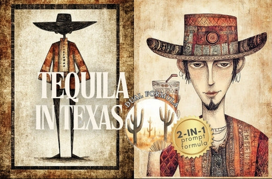 Tequila advertisement with a cowboy and cactus design, featuring the text 'Tequila in Texas'.