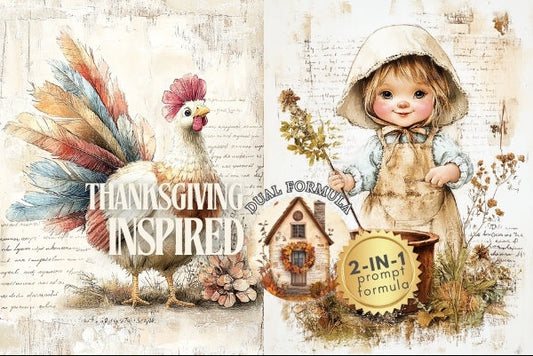 Collage of a rooster, girl with flowers, and cow with text 'Thanksgiving Inspired' and 'Dual Formula 2-in-1'.
